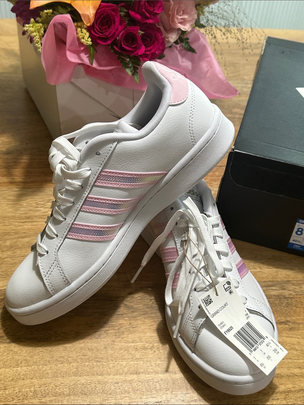 adidas White Sneakers with Pink Stripes